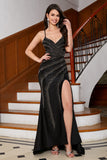 Tirantes de espagueti de sirena brillante Vestido de fiesta largo negro con pedrería dividida en la parte delantera