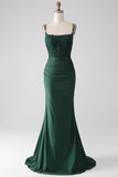 Vestido de fiesta largo con correas de espagueti de sirena verde oscuro