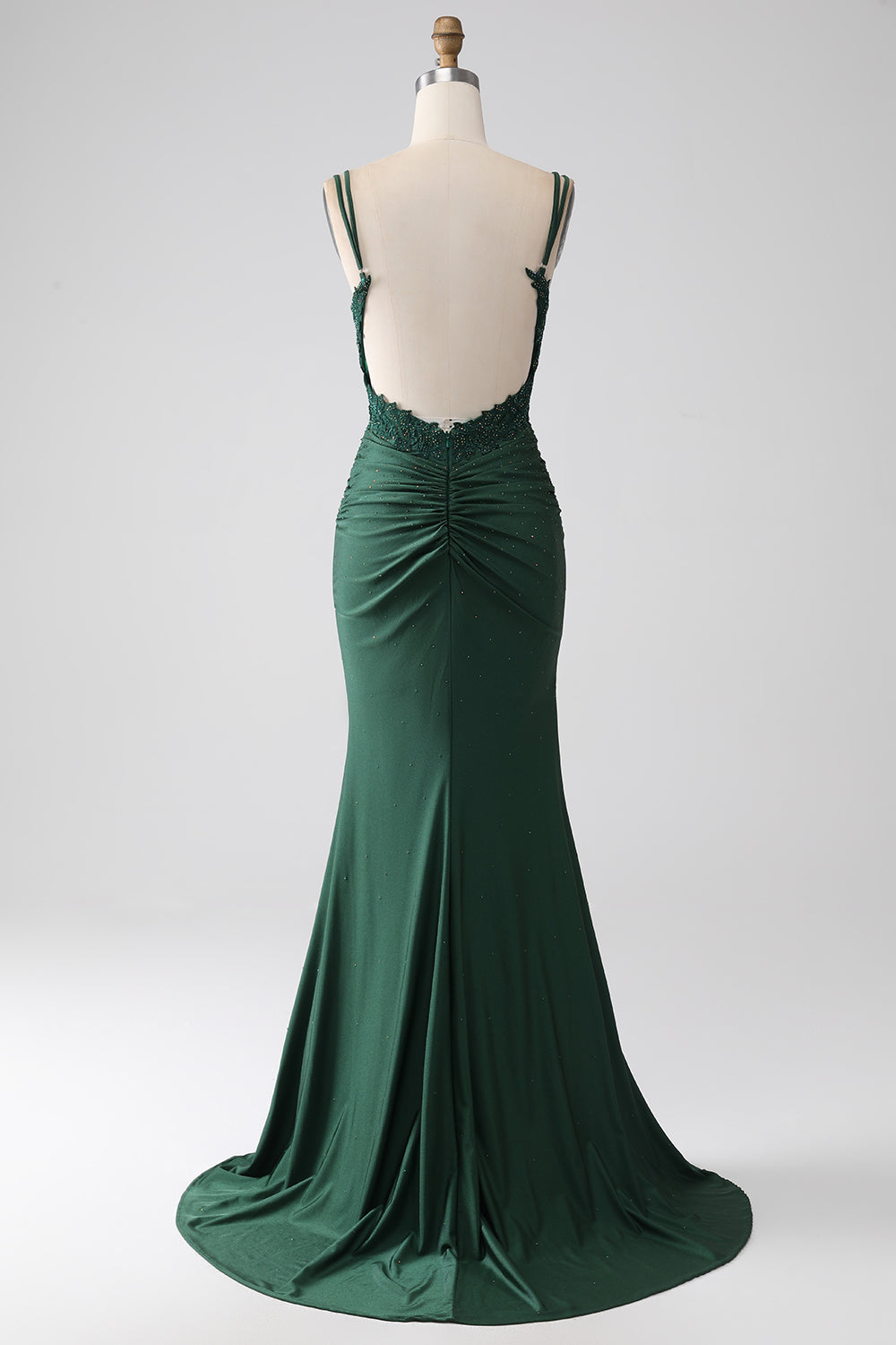 Vestido de fiesta largo con correas de espagueti de sirena verde oscuro