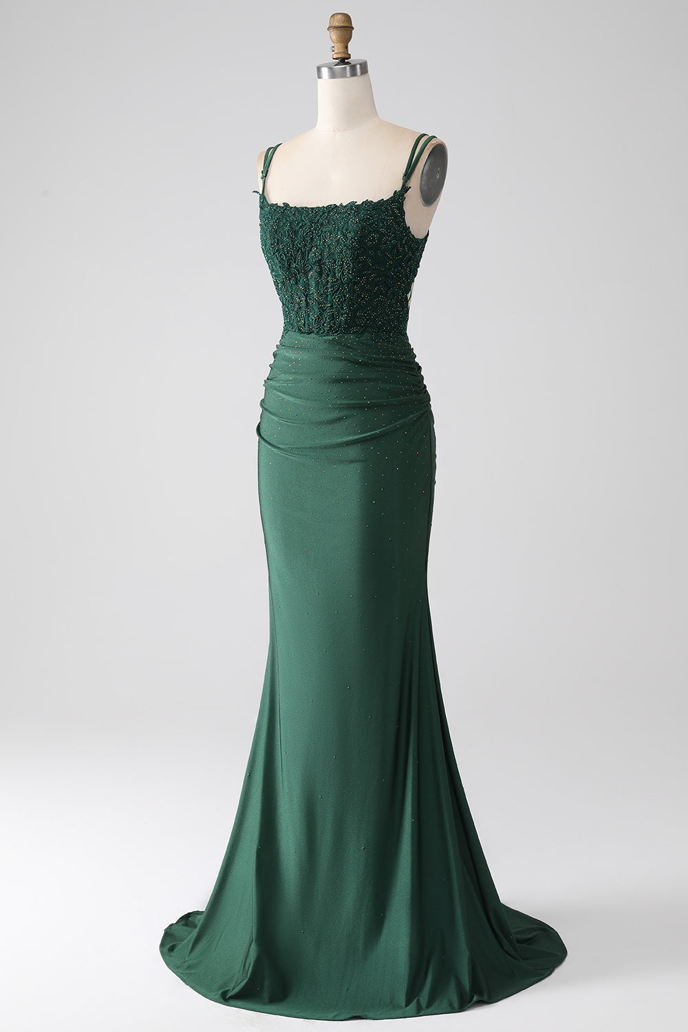 Vestido de fiesta largo con correas de espagueti de sirena verde oscuro