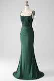 Vestido de fiesta largo con correas de espagueti de sirena verde oscuro