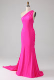 Vestido de fiesta largo de un hombro rosa intenso de sirena