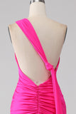 Vestido de fiesta largo de un hombro rosa intenso de sirena