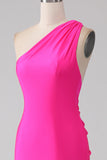 Vestido de fiesta largo de un hombro rosa intenso de sirena