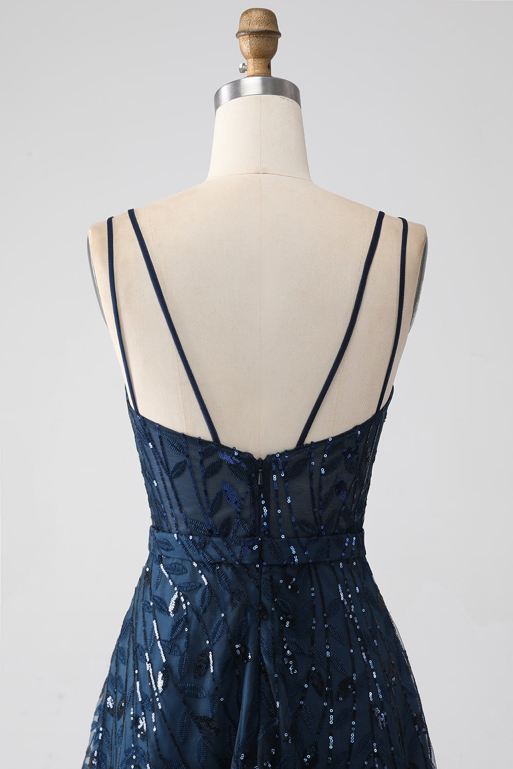 Vestido de fiesta largo con tirantes de espagueti azul marino oscuro de una línea con abertura