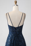 Vestido de fiesta largo con tirantes de espagueti azul marino oscuro de una línea con abertura