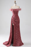 Vestido de fiesta de lentejuelas de colorete con hombros descubiertos de sirena con abertura