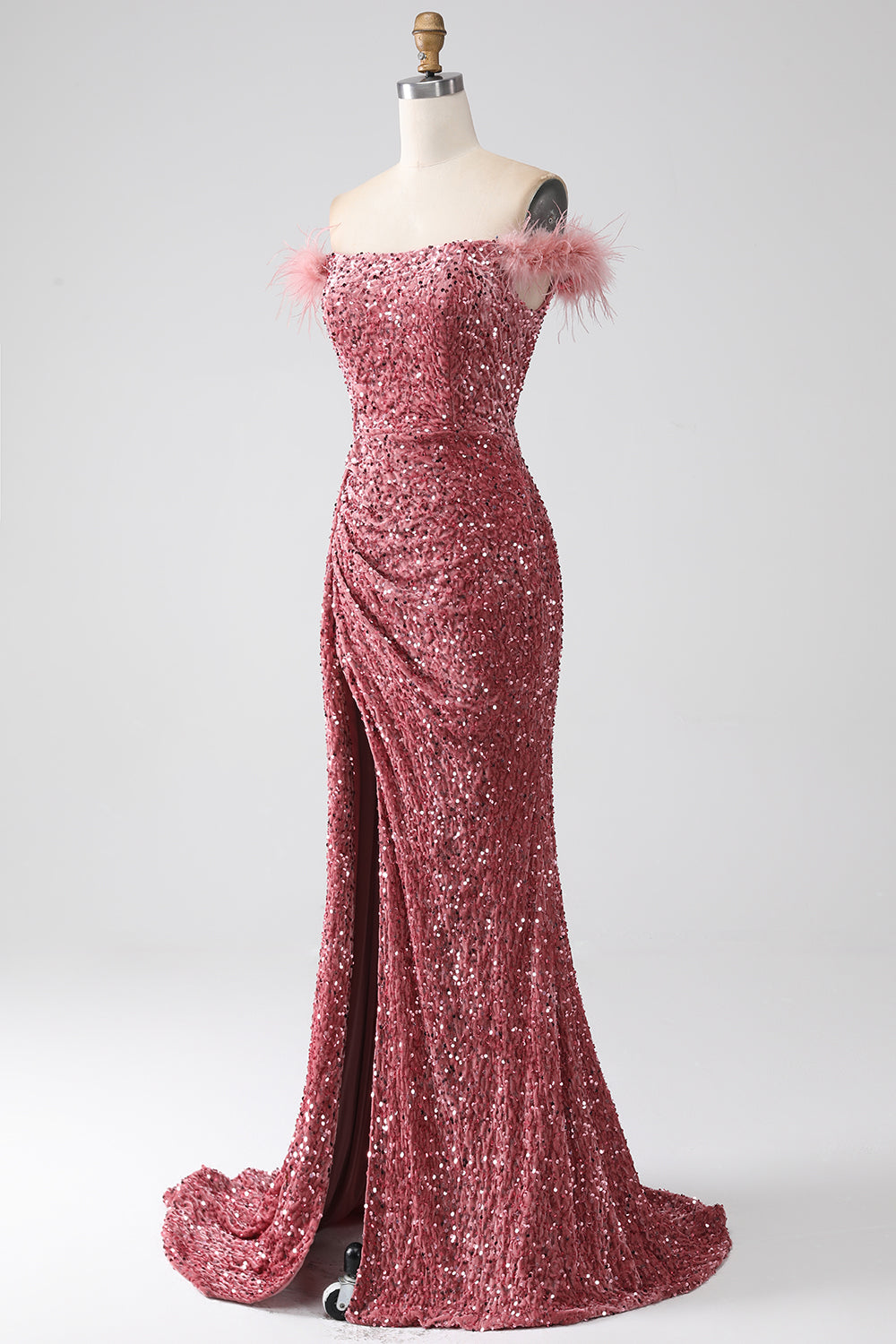 Vestido de fiesta de lentejuelas de colorete con hombros descubiertos de sirena con abertura