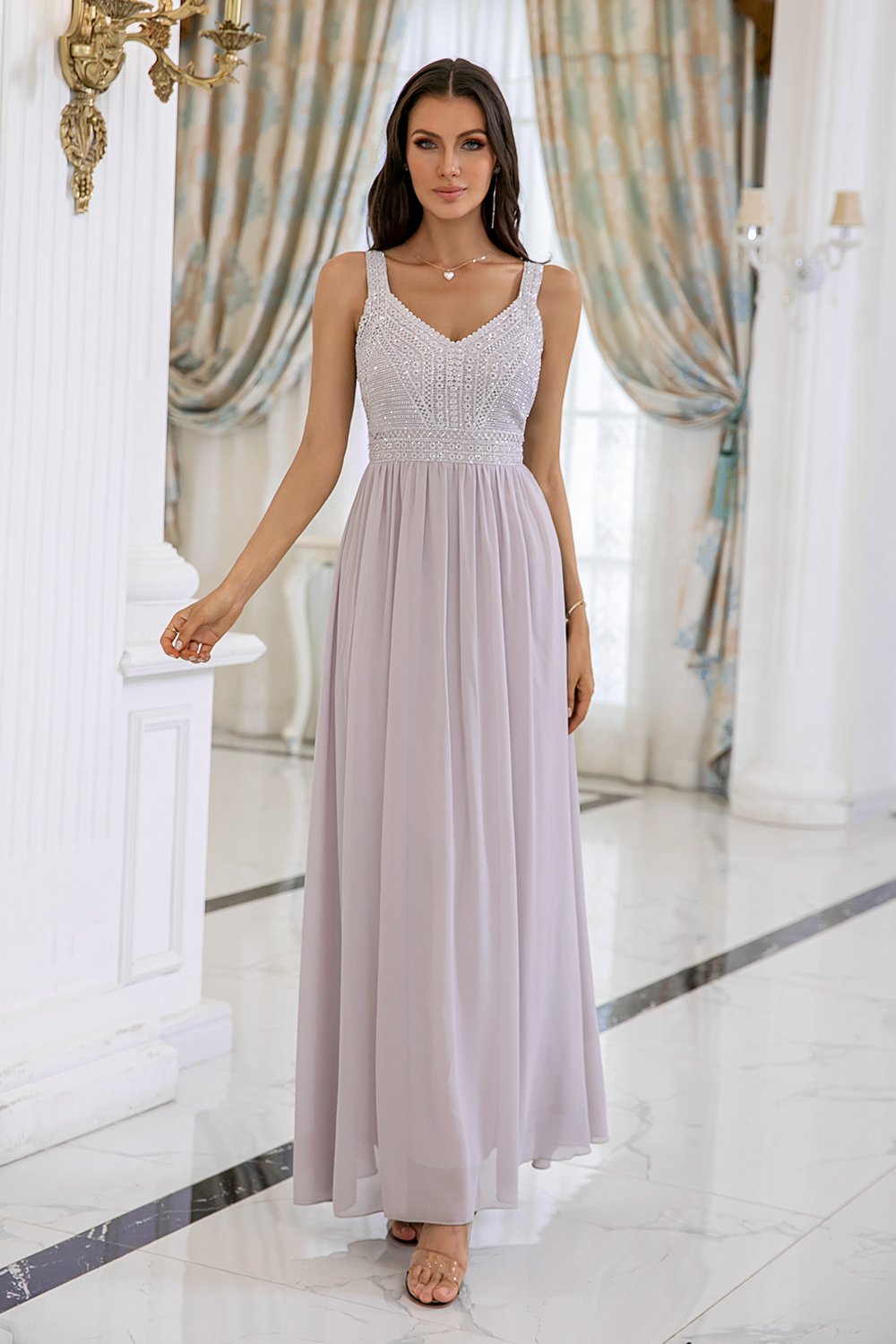 Vestido de fiesta de lentejuelas grises de línea A