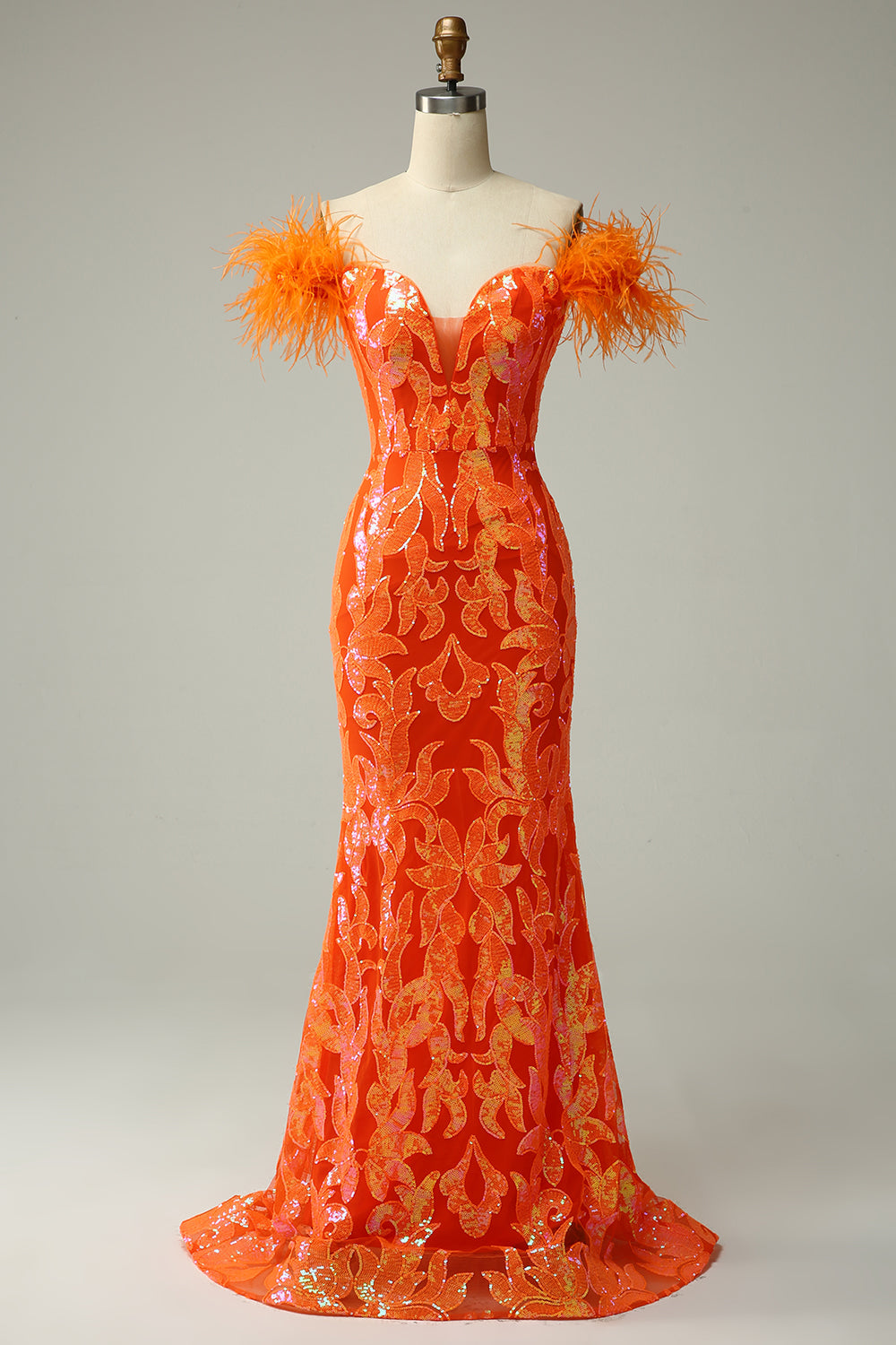 Lentejuelas Naranja Fuera del Hombro Vestido de Fiesta Sirena Con Plumas
