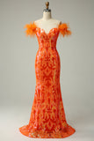 Lentejuelas Naranja Fuera del Hombro Vestido de Fiesta Sirena Con Plumas