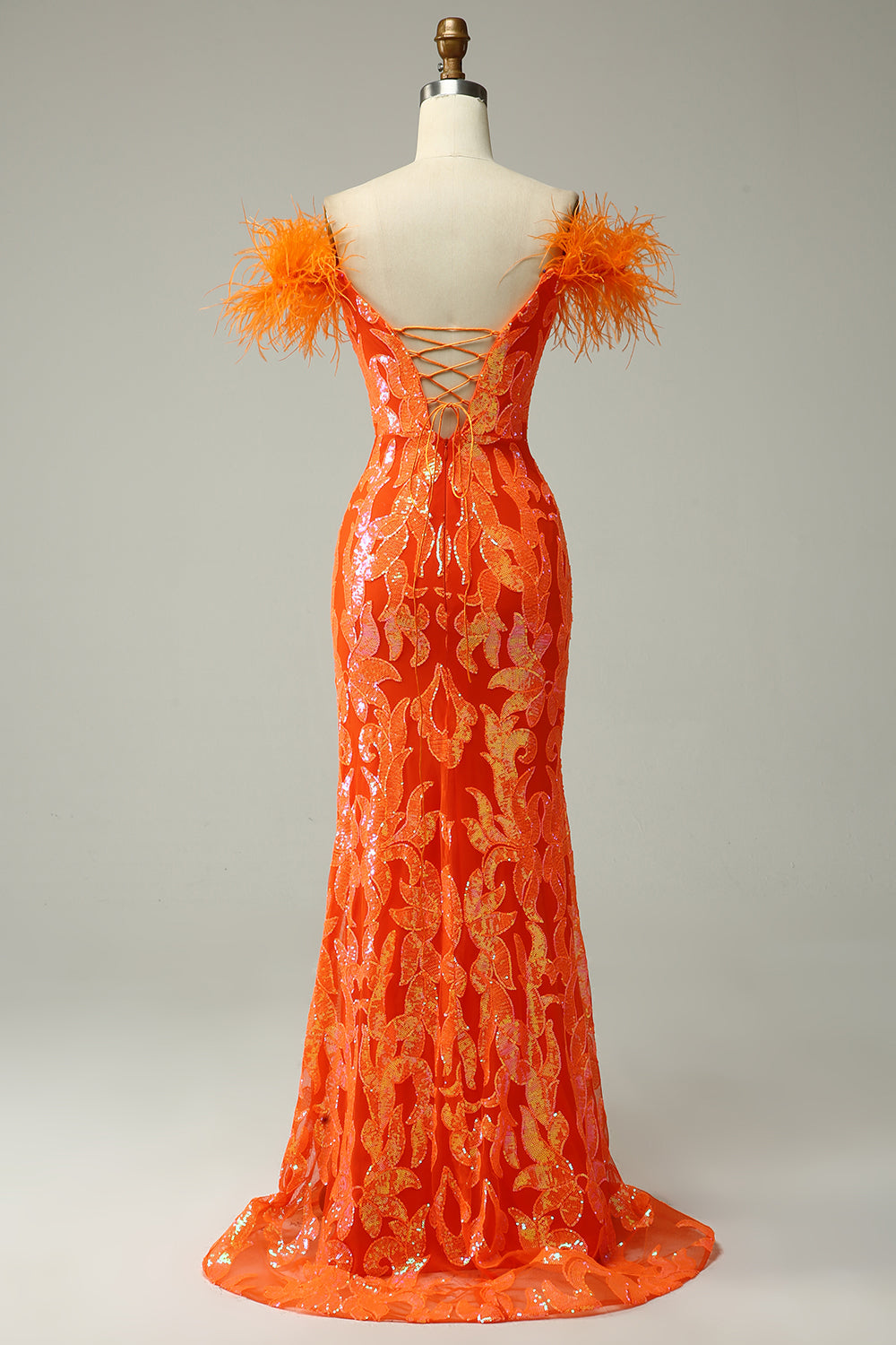 Lentejuelas Naranja Fuera del Hombro Vestido de Fiesta Sirena Con Plumas