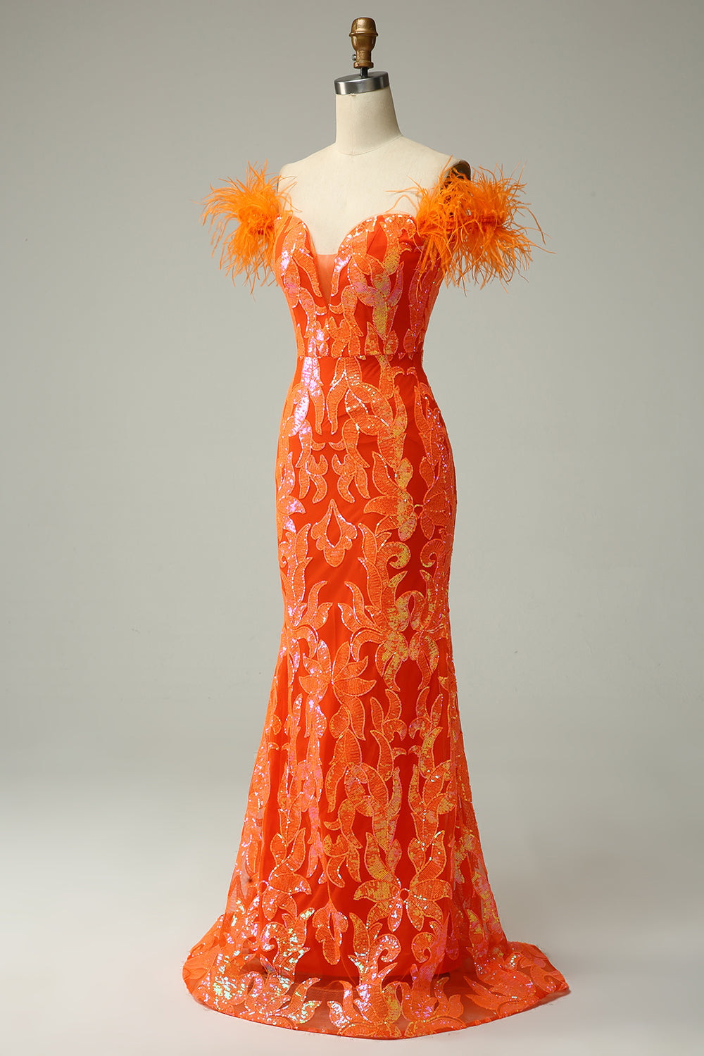 Lentejuelas Naranja Fuera del Hombro Vestido de Fiesta Sirena Con Plumas