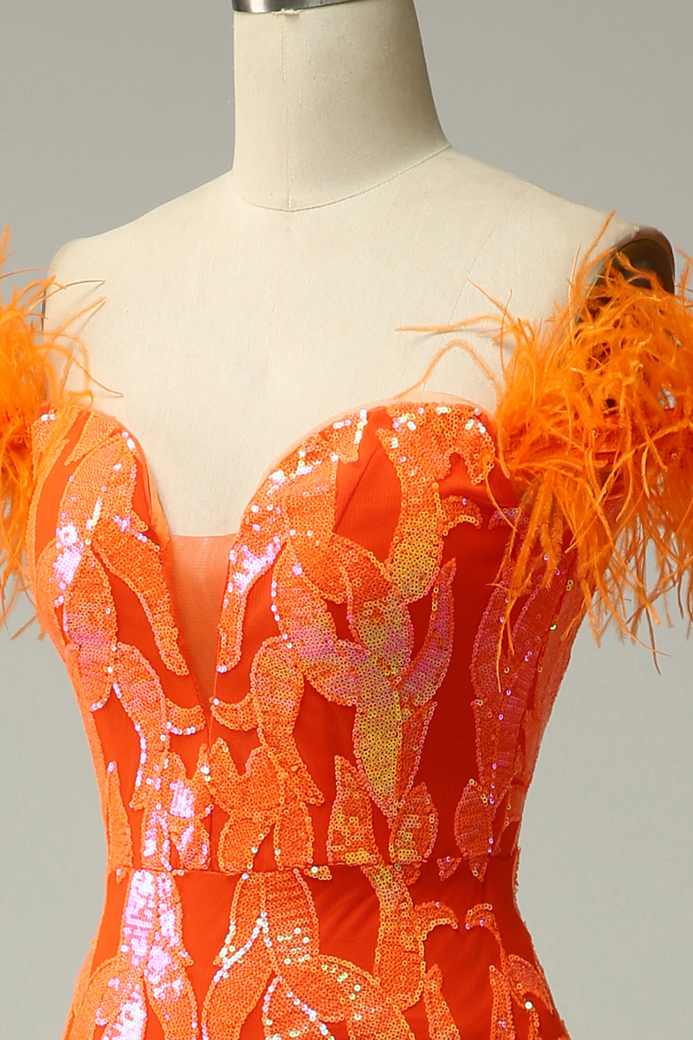 Lentejuelas Naranja Fuera del Hombro Vestido de Fiesta Sirena Con Plumas