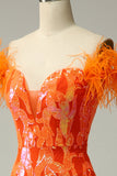 Lentejuelas Naranja Fuera del Hombro Vestido de Fiesta Sirena Con Plumas