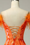 Lentejuelas Naranja Fuera del Hombro Vestido de Fiesta Sirena Con Plumas