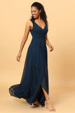 Vestido de Dama de Honor Cuello en V Azul Marino