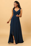 Vestido de Dama de Honor Cuello en V Azul Marino