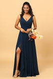 Vestido de Dama de Honor Cuello en V Azul Marino
