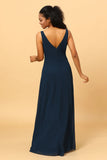 Vestido de Dama de Honor Cuello en V Azul Marino