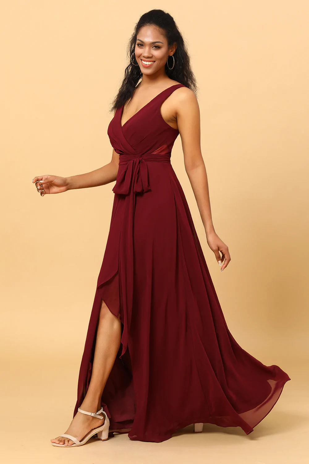 Vestido de Dama de Honor Borgoña Sin Mangas