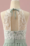 Encaje Verde Halter Vestido de Dama de Honor Junior