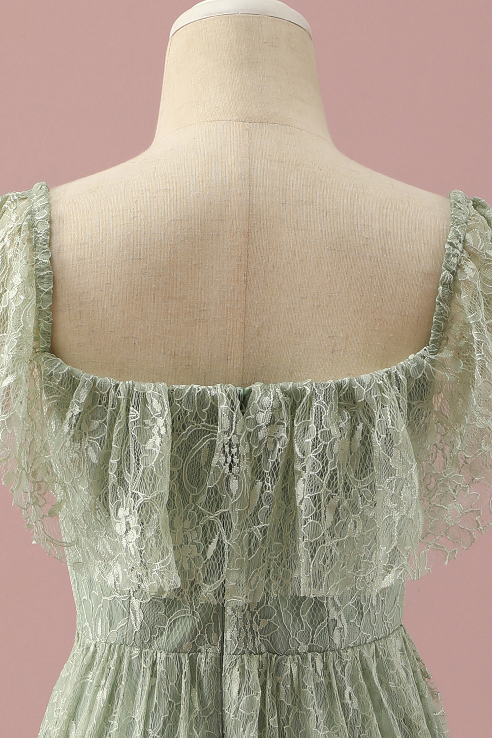 Verde Cuello Cuadrado Alto Bajo Vestido de Dama de Honor Junior