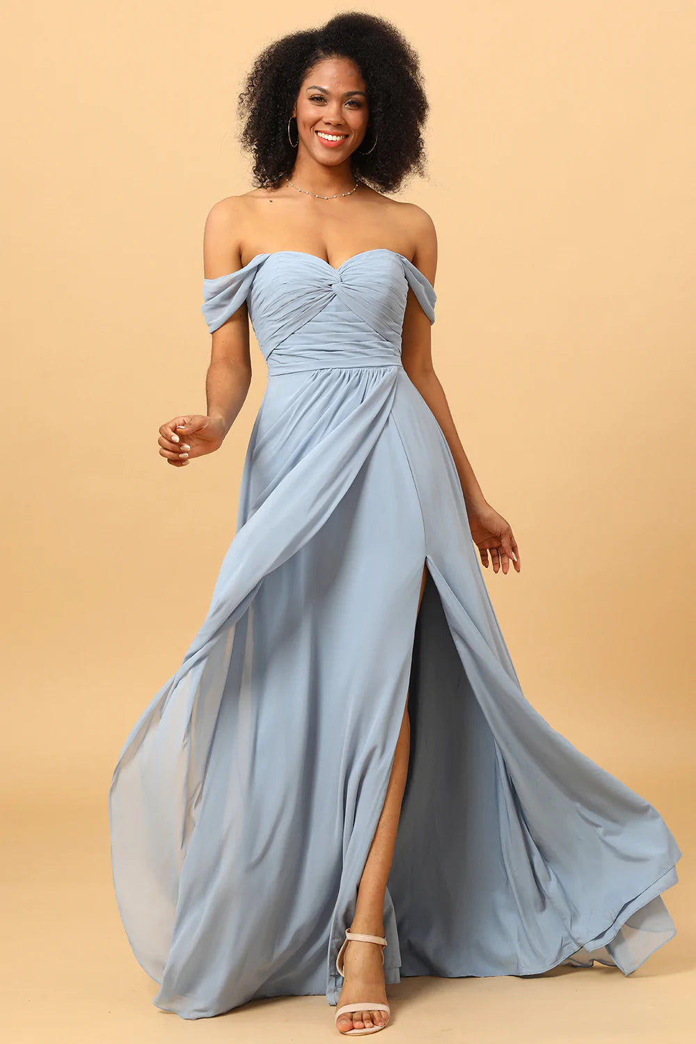 Vestido de Dama de Honor Azul Fuera del Hombro