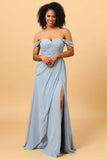 Vestido de Dama de Honor Azul Fuera del Hombro