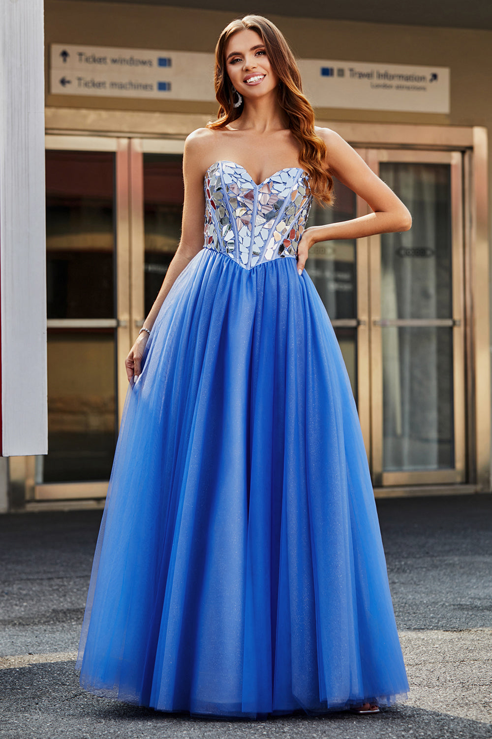 Azul Real A Línea Novia Espejos Rotos Corsé Sin Tirantes Vestido Largo De Fiesta