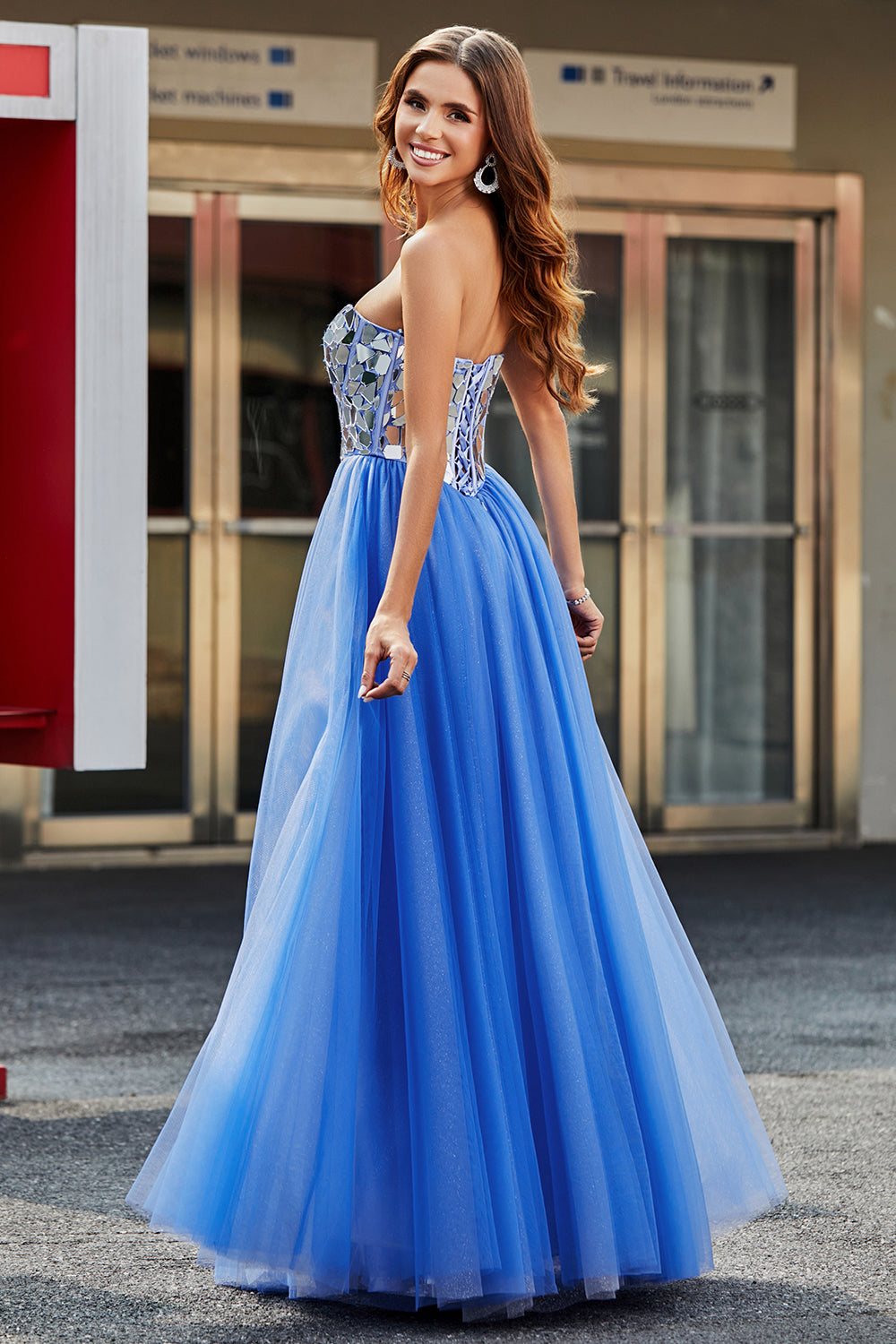 Azul Real A Línea Novia Espejos Rotos Corsé Sin Tirantes Vestido Largo De Fiesta