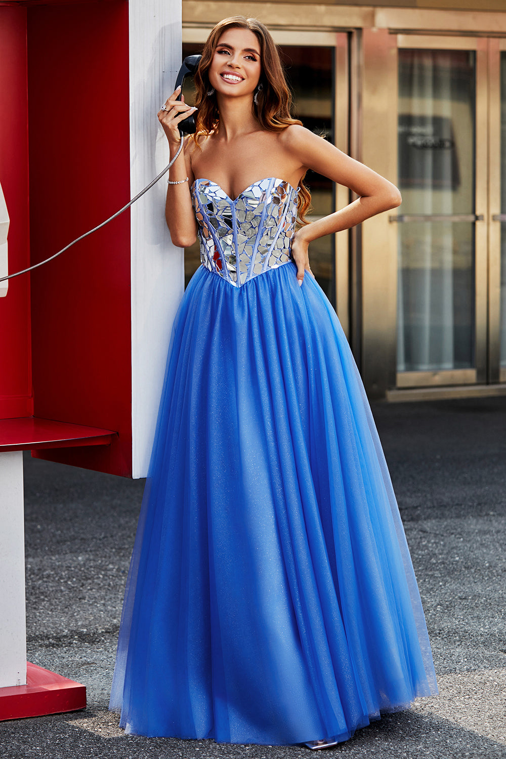 Azul Real A Línea Novia Espejos Rotos Corsé Sin Tirantes Vestido Largo De Fiesta