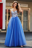 Azul Real A Línea Novia Espejos Rotos Corsé Sin Tirantes Vestido Largo De Fiesta