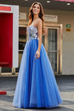 Azul Real A Línea Novia Espejos Rotos Corsé Sin Tirantes Vestido Largo De Fiesta