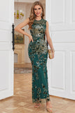 Cuello Redondo Verde Oscuro Cuentas Vestido Formal de Fiesta