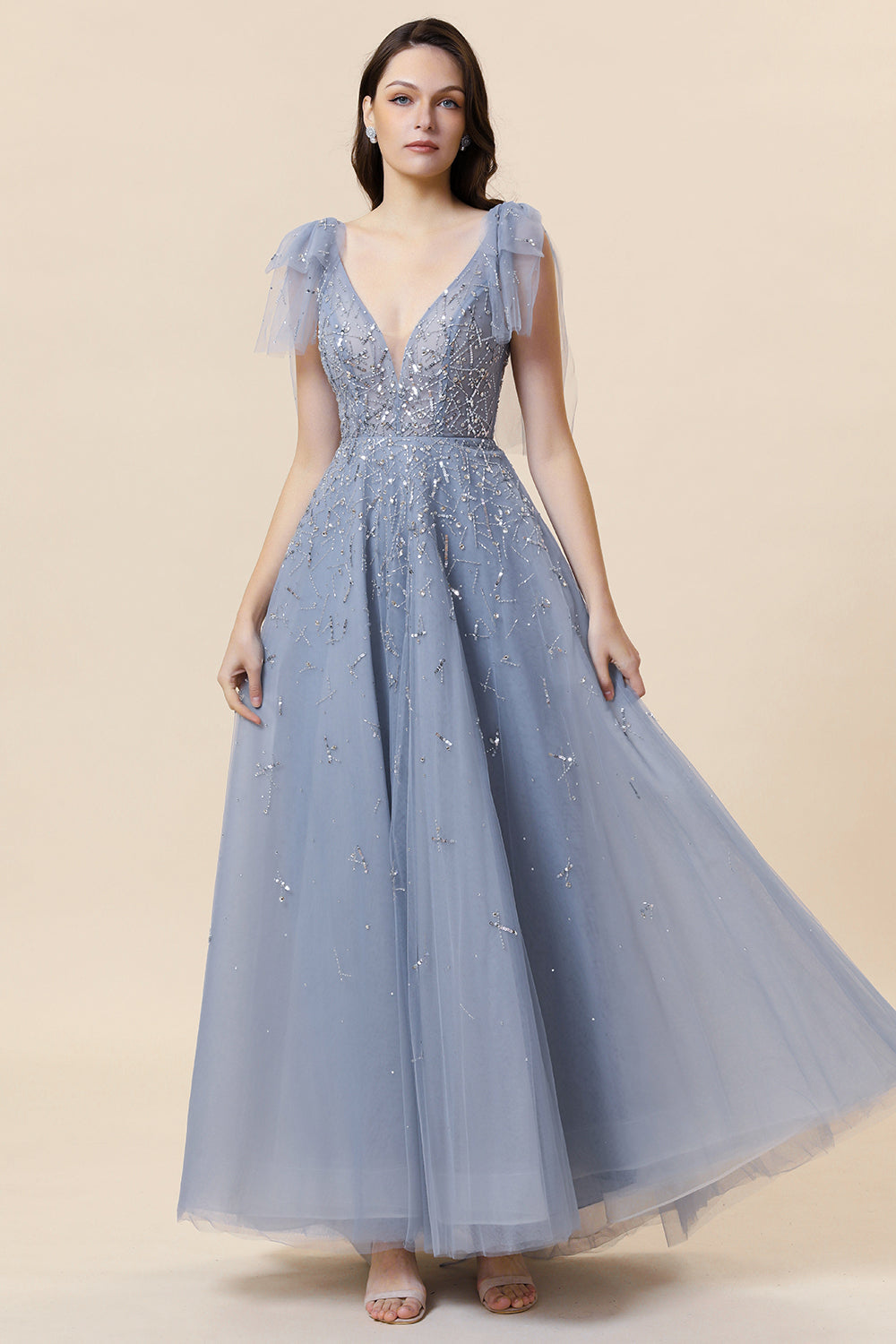 Vestido de Graduación Con Cuentas Tul Azul