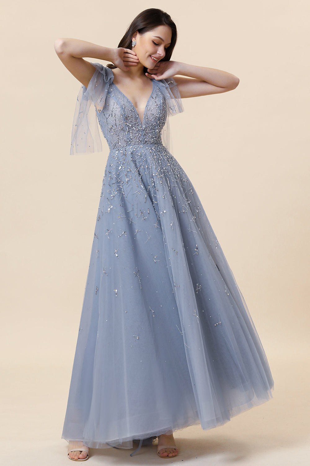 Vestido de Graduación Con Cuentas Tul Azul