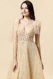 Vestido de Graduación Con Cuentas Amarillo A Línea