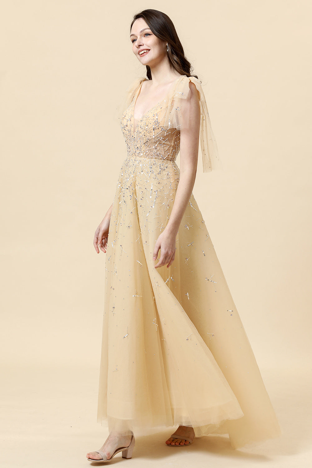 Vestido de Graduación Con Cuentas Amarillo A Línea