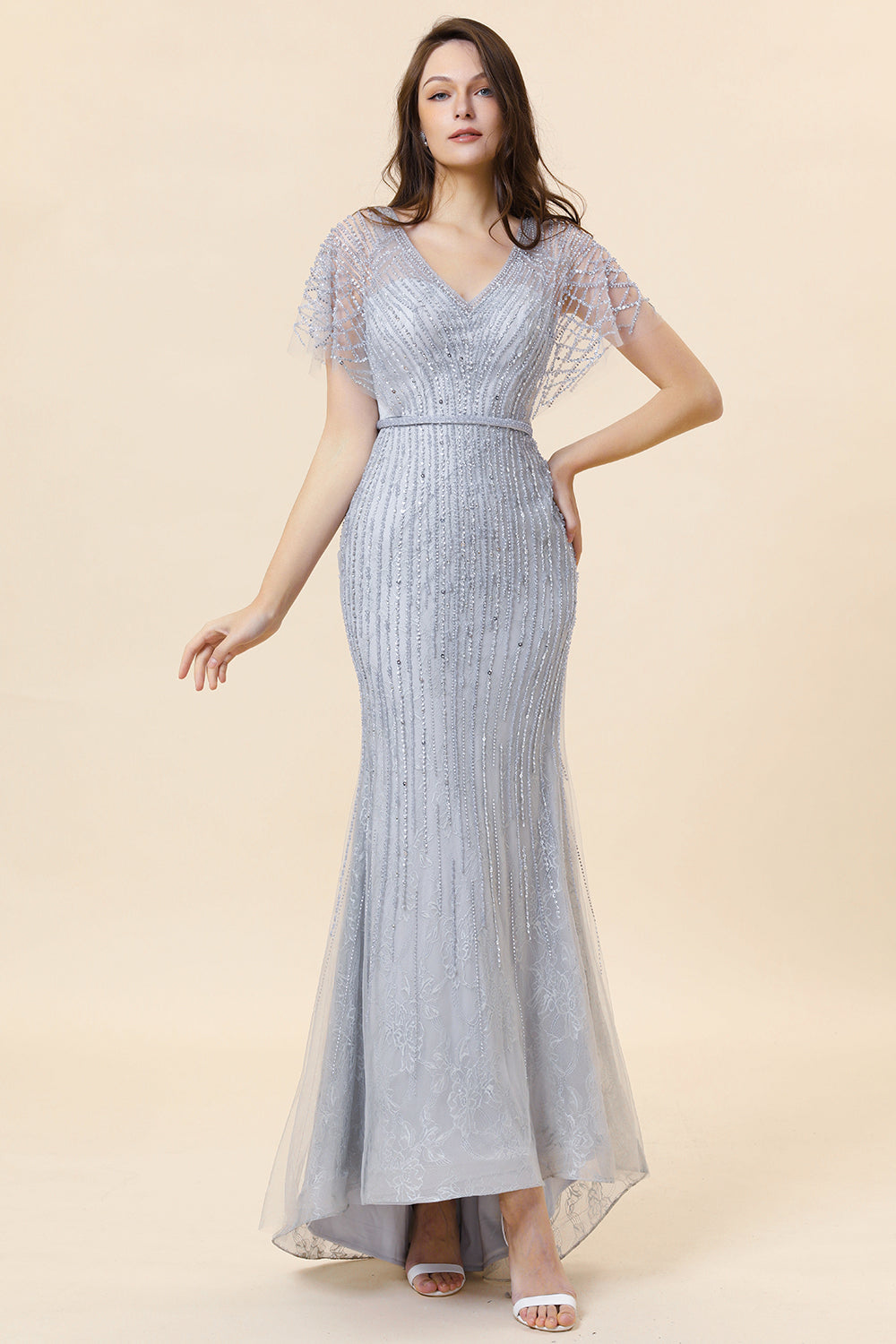 Vestido Largo de Noche Con Cuentas Sirena Gris
