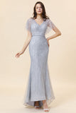 Vestido Largo de Noche Con Cuentas Sirena Gris
