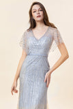 Vestido Largo de Noche Con Cuentas Sirena Gris