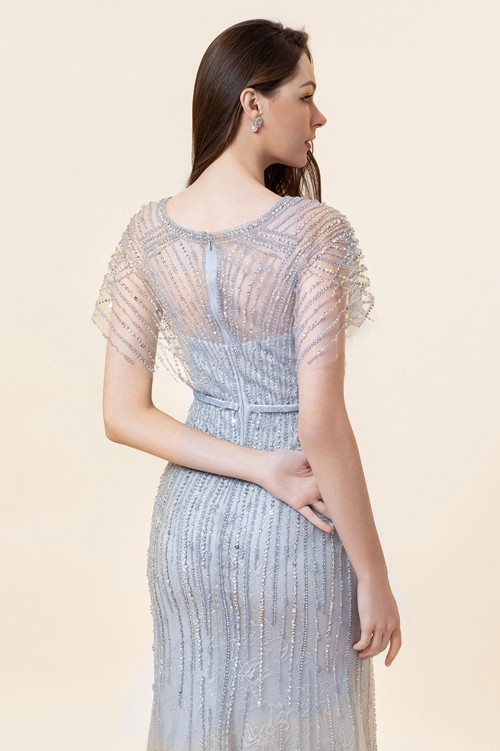 Vestido Largo de Noche Con Cuentas Sirena Gris