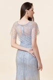 Vestido Largo de Noche Con Cuentas Sirena Gris