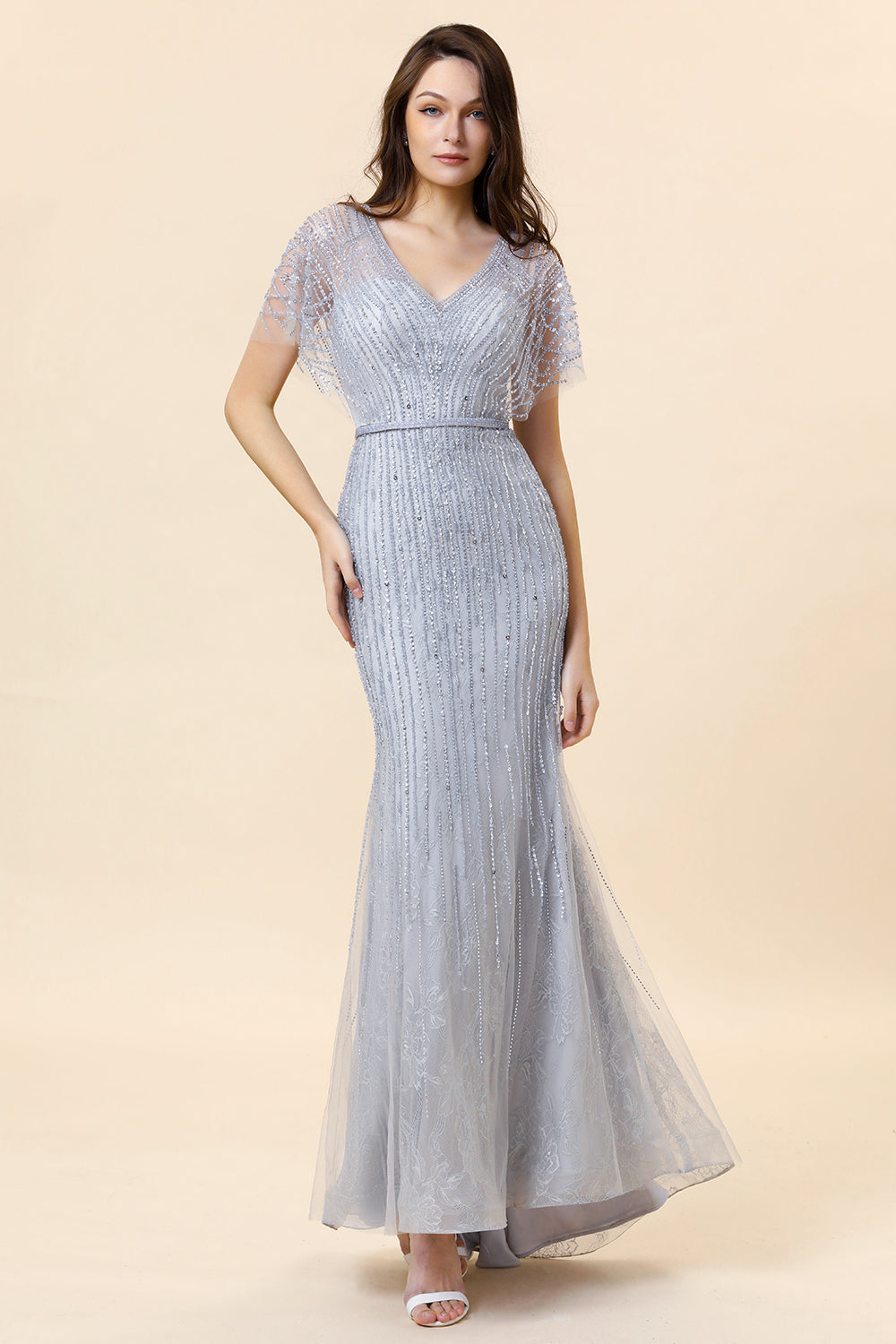 Vestido Largo de Noche Con Cuentas Sirena Gris