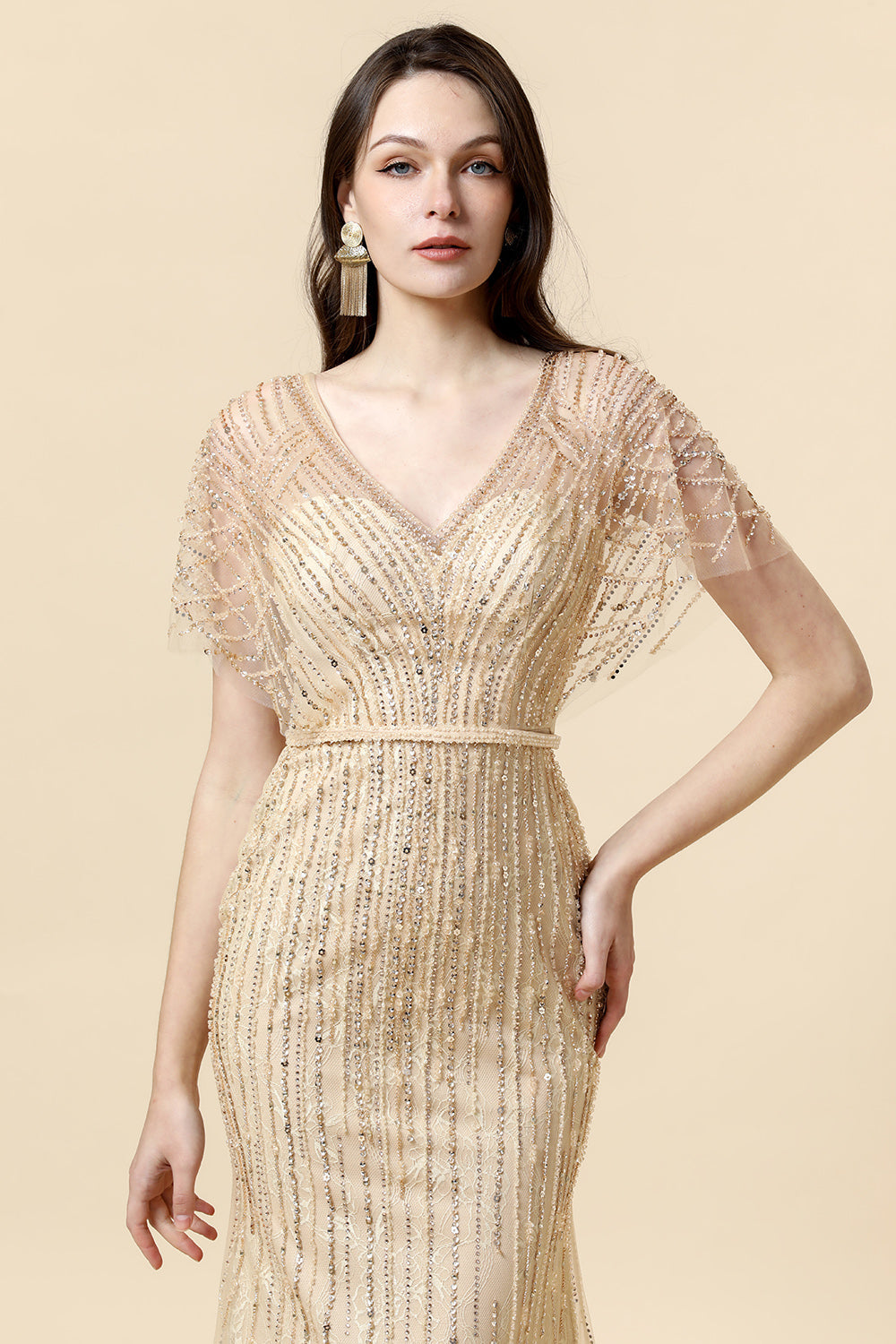 Sirena V Cuello Dorado Vestido de Fiesta