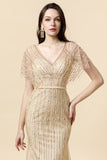 Sirena V Cuello Dorado Vestido de Fiesta