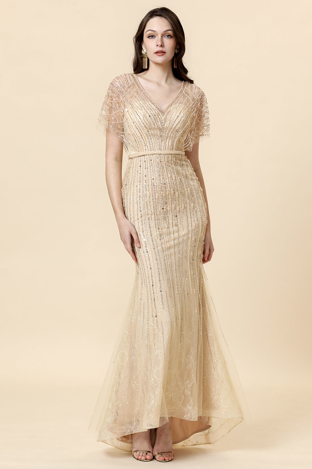 Sirena V Cuello Dorado Vestido de Fiesta
