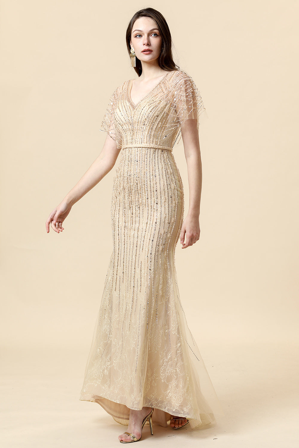 Sirena V Cuello Dorado Vestido de Fiesta