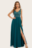 Vestido largo de fiesta de gasa turquesa con cuentas